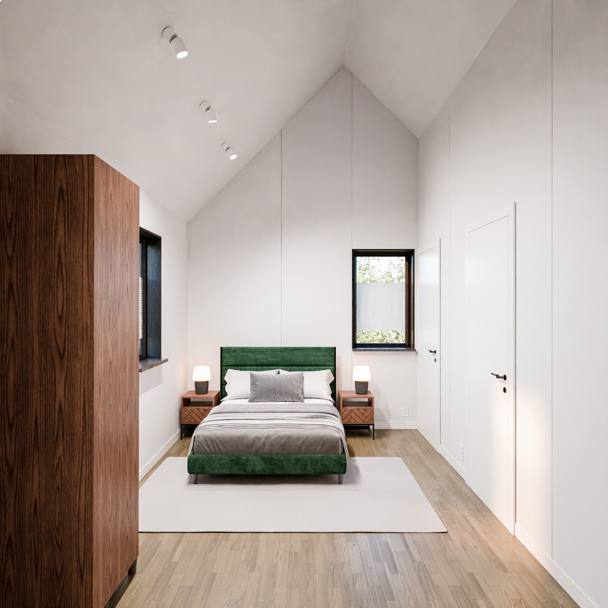 Structor 35 interieur, slaapkamer met groen bed