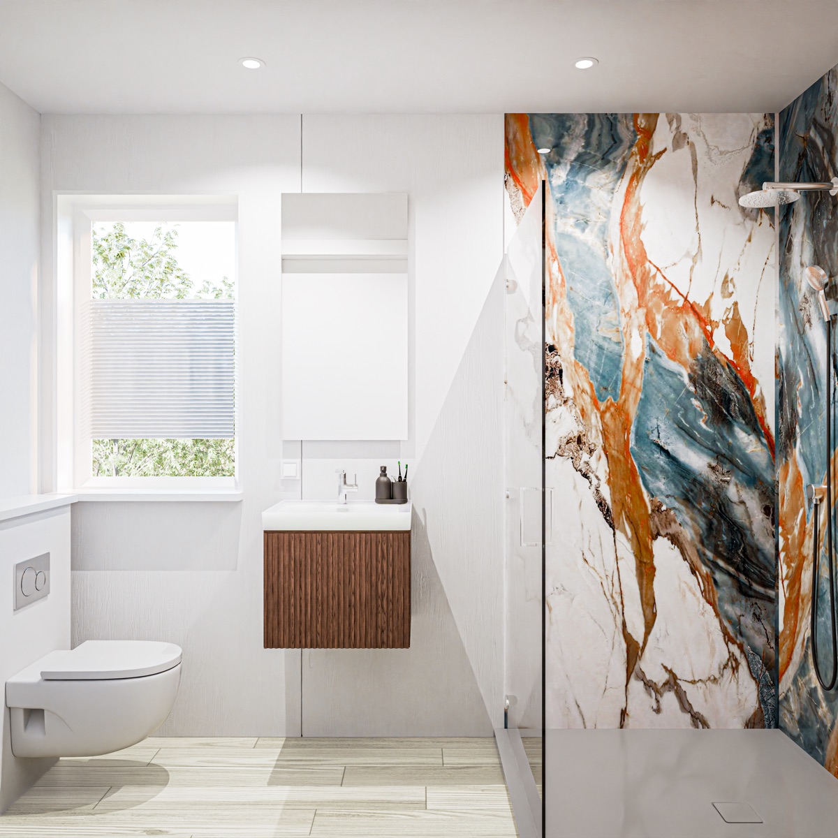 Structor 35 interieur, badkamer met blauwe wandafwerking
